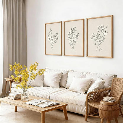 HLUSSBLIEB 3Pcs beige floral art，minimalist botanical line art，modern black and white wall art，Neutral Botanical Floral Wall Art，for Living Room Bedroom Office （16 * 24in） Unframed