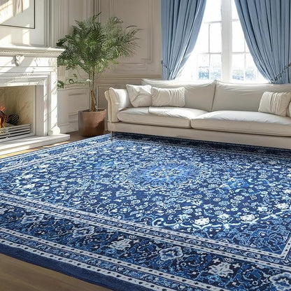 Lessymo Area Rugs 9x12 Living Room- Large Area Rug Machine Washable Area Rug for Bedroom Living Room, Vintage Rugs Boho Floral Medallion, Non-Slip Rubber, Low Pile, Kid & Pet Friendly, Blue White