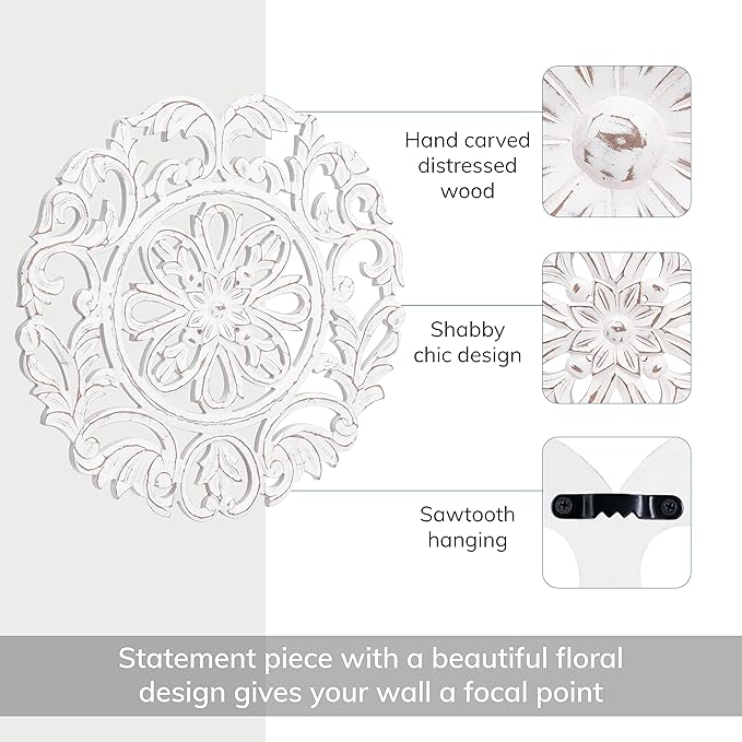 MH London Charles Wall Medallion - Large Wood Wall Art, Exclusively Designed, Hand Carved, Contemporary White Design for Living Room, Bedroom and Kitchen