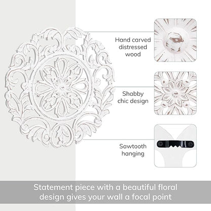 MH London Charles Wall Medallion - Large Wood Wall Art, Exclusively Designed, Hand Carved, Contemporary White Design for Living Room, Bedroom and Kitchen