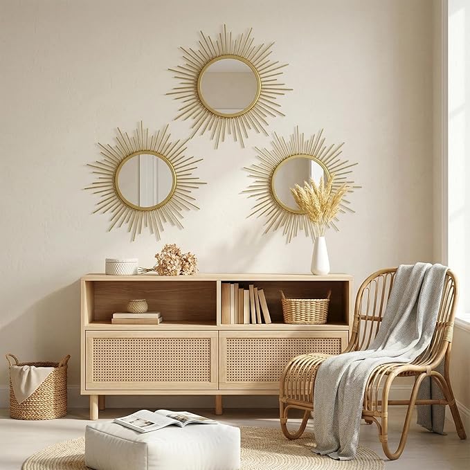 3 Set Sunburst Mirrors for Wall Decor Living Room Bedroom Bathroom Dining Room Metal Boho Sunburst Wall Mirror Set Gold Metal Vintage Circle Art Pack - Gold 11.8 in