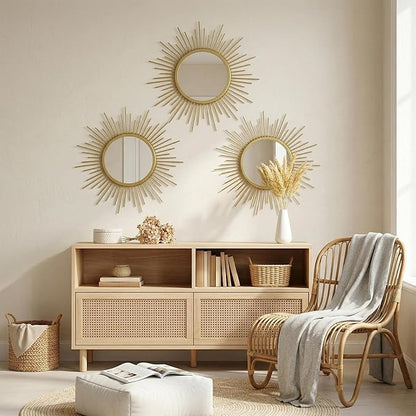 3 Set Sunburst Mirrors for Wall Decor Living Room Bedroom Bathroom Dining Room Metal Boho Sunburst Wall Mirror Set Gold Metal Vintage Circle Art Pack - Gold 11.8 in