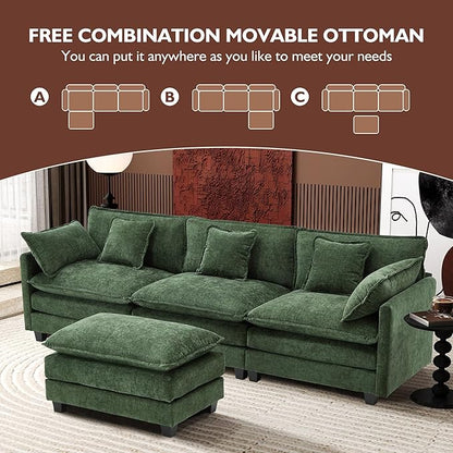 Ihanherry 111.4" L Shaped Modern Sofa Modular Sectional Cloud Couch with Ottoman, 4-Seat Chenille Deep Seat Sofa with Pillow for Living Room, Bedroom and Apartment, Green
