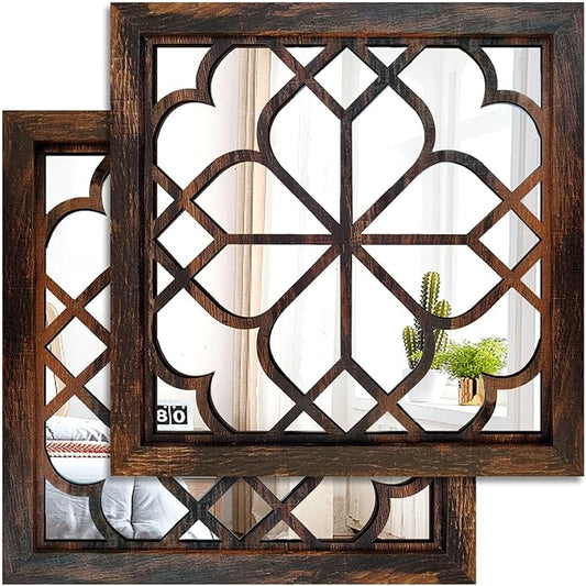 Wocred 2 PCS Square Wall Mirror,Gorgeous Rustic Farmhouse Accent Mirror,Caramel Color Entry Mirror for Bathroom Renovation,Bedrooms,Living Rooms and More(12”x12”)