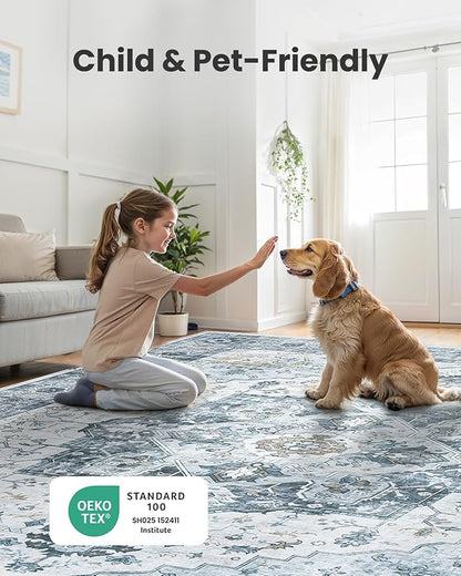 AMADA HOMEFURNISHING 8x10 Area Rug, Washable Low-Profile Large Area Rug with Non-Slip Backing & Durable Edge Binding, Vintage Large Rugs for Living Room, Bedroom