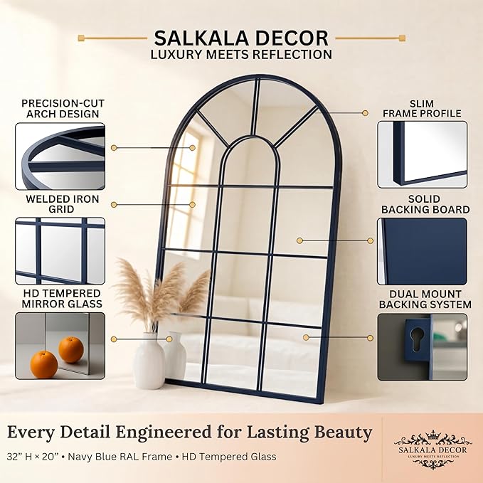 Blue Arched Windowpane Mirror 32x20 Inch, Decorative Mirrors for Wall Entryway Living Room, Farmhouse Arch Window Pane Mirror, Large Wall Mirror for Home Decor