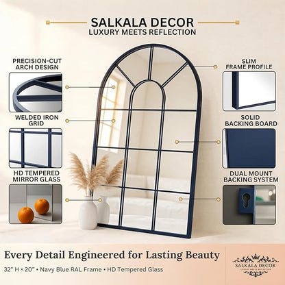 Blue Arched Windowpane Mirror 32x20 Inch, Decorative Mirrors for Wall Entryway Living Room, Farmhouse Arch Window Pane Mirror, Large Wall Mirror for Home Decor