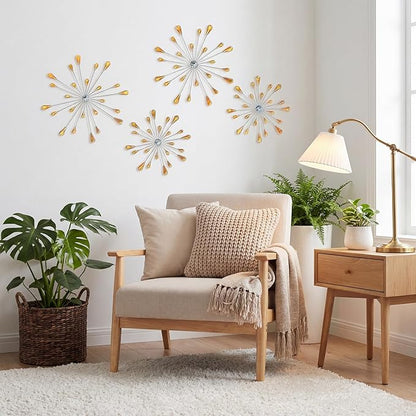 ZEXUIRU 4 Pcs Orange Starburst Wall Decor Metal Bling Wall Art Crystal Accents 3D Modern Decoration Glam Hanging Sculptures for Living Room Bedroom Office Teen Girl Room – Easy to Hang Home Decor Set