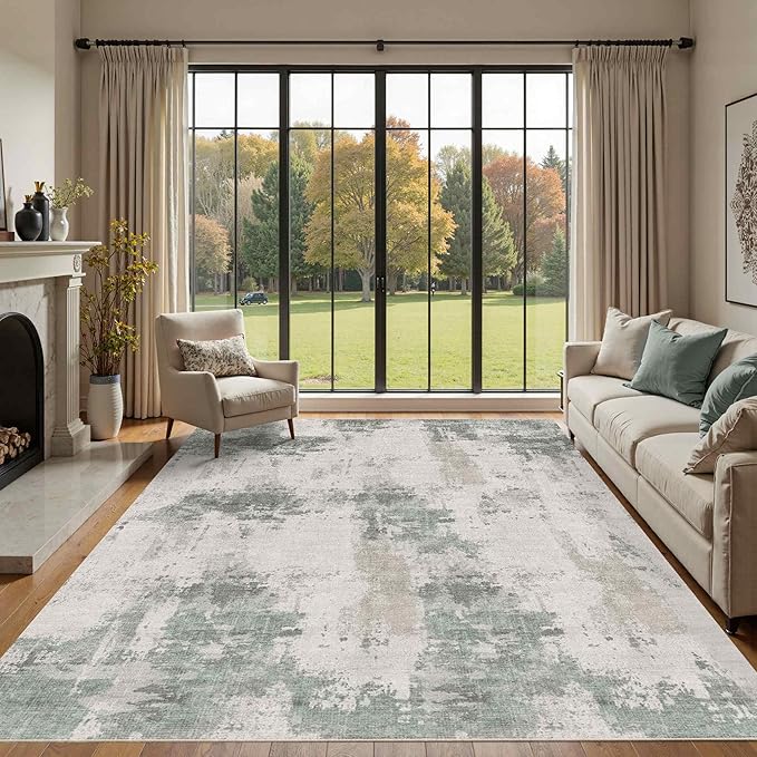 Rugxara 6x9 Washable Area Rug for Living Room, Modern Abstract Large Boho Rugs for Office, Dining Room, Kids Room, Farmhouse, Durable Low Pile Non Slip Carpet for High Traffic Areas,Grey Green
