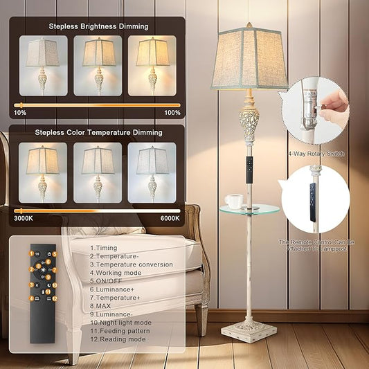 LuxSight Collection Rustic Floor Lamp, Living Room Lamps with Glass Tray, stepless diming Floor Lamp with Remote Control and USB A&C Charging Ports for Living Room Bedroom Office Smart Bulbs Included