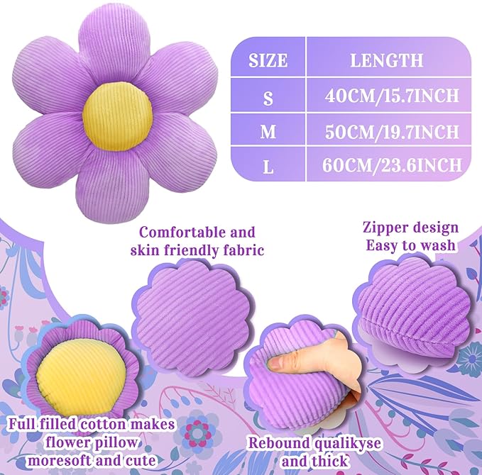 Sratte 3 Pcs Flower Pillows Flower Shaped Throw Pillows Cute Daisy Plush Pillow Decorative Floor Pillow Seat Cushion for Bedroom Home Sofa Chair Couch Decor(Green, Lavender, White,20")
