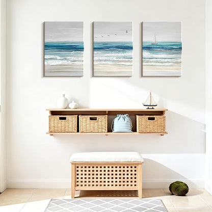 WENGTIAO Abstract Ocean Wall Art Set of 3 Blue Beach Canvas Paintings Minimalist Coastal Prints Pictures Sail Boat Home Decor Seascape Artwork for Living Room Bedroom Hallway 12”x16”x3Pcs