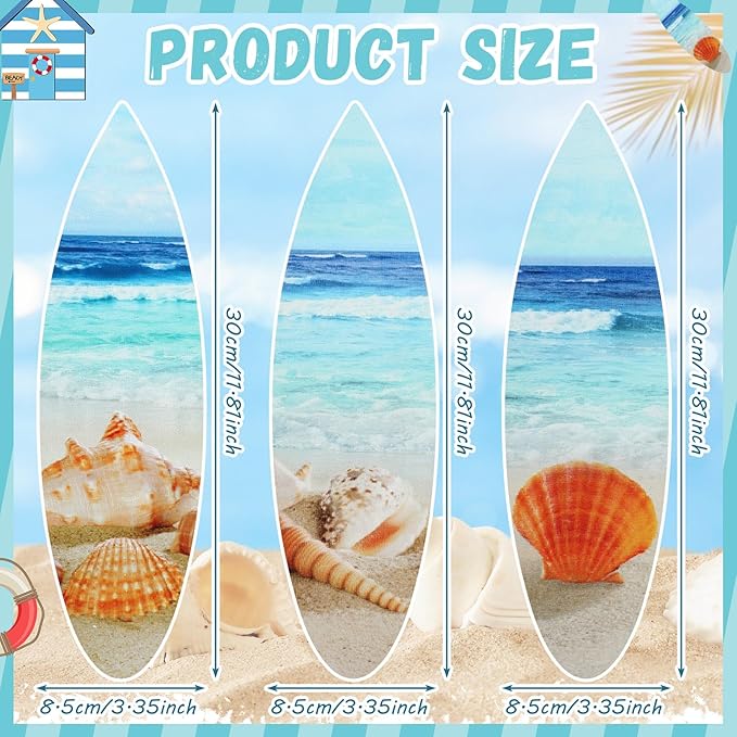 Tatuo 3 Pcs Summer Coastal Wall Decor Bathroom Beach Blue Wall Art Sea Turtle Surfboard Seahorse Starfish Seashell Conches Crabs Sea Life Decor for Bedroom Home (Surfboard)