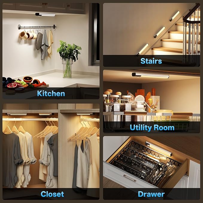 Under Cabinet Lighting,LED Closet Lights,Rechargeable Motion Sensor Light Indoor,3 Colors Dimmable,Magnetic Installation for Kitchen,Wardrobe,Bedroom,Drawer 3Pack