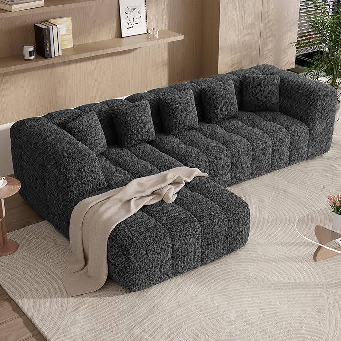 107" Modern Boneless Couch with L - Shaped Chaise, Comfy Chenille Modular Sectional Sofa with Tufted Design, Deep Seat Upholstered Sofa Bed, No - Assembly Sectional Couch, Black