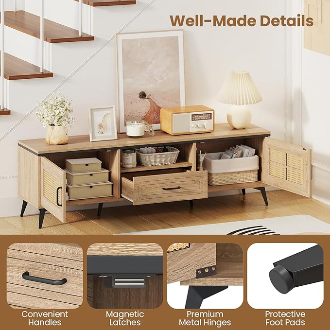 Giantex TV Stand for 60/65 Inch TV, Boho Entertainment Center with Storage Cabinets, Drawer and Rattan Doors, Wooden Media TV Console Table for Living Room, Bedroom, Entryway