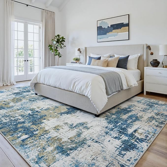 Area Rug 5x7 Living Room Rug Washable: No-Slip Abstract Soft Thin Large Blue Rugs, Indoor Floor Stain Resistant Modern Carpet for Bedroom Dining Room Farmhouse Nursery Home Office (Blue, 5'x7')