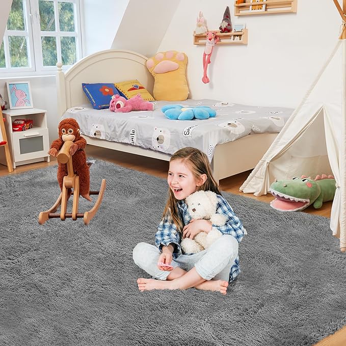 Ultra Soft Rug for Living Room, 6X9 Fluffy Shag Area Rug for Bedroom, Modern Shaggy Carpets Fuzzy Rug for Teens Dorm Nursery Home Decor Aesthetic, Upgrade Anti-Skid Durable, Grey
