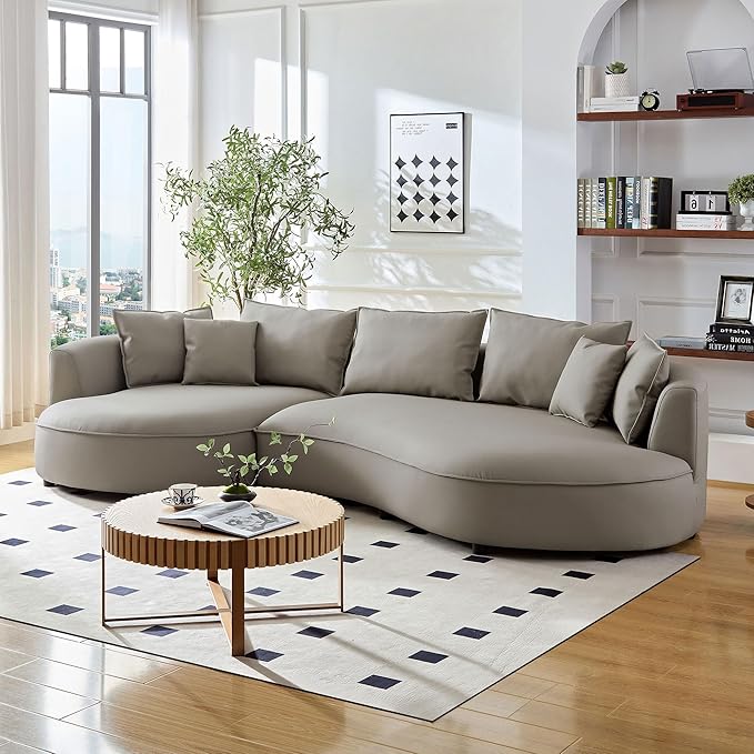 WILLIAMSPACE 124.8" Leather Curved Sofa Couch, Modern Upholstery Luxury Sofa with Pillows, Left Hand Facing Sectional Couch for Living Room (Left-Facing,Light Grey Leather)