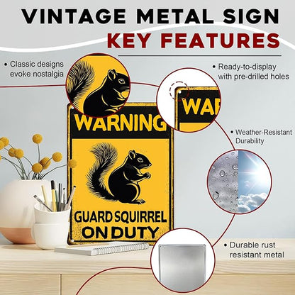 Squirrel Vintage Sign Warning Guard Squirrel on Duty Metal Sign for Home Bedrooms Kitchen Bars Pubs Garages Gardens Patios Porches 12x16inch
