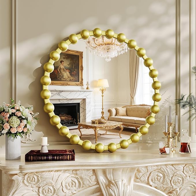 Round Vanity Mirror for Wall, 24 Inch Beaded Frame Circle Mirror for Bathroom, Bedroom Dresser, Entryway, Living Room, Decorative Hanging Wall Mirror, Gold
