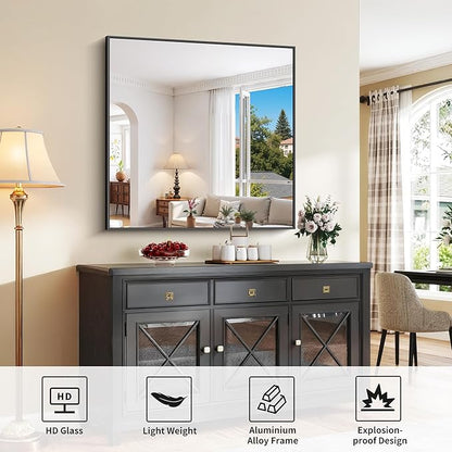 COFENY Black Bathroom Mirror for Wall, 39x39 Inch Rectangle Mirror with Metal Frame, Square Modern Vanity Mirrors for Bathroom Living Room, Entryway Hangs Horizontal or Vertical