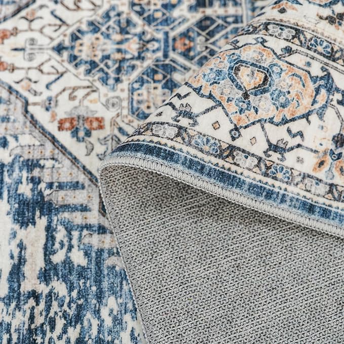 YOUFORTONG Washable Rug 3x5 Area Rugs: Soft Ultra Thin Low Pile Mat Machine Washable Indoor Doormat Lightweight Entry Rug Anti Slip Backing Rugs for Living Room Bedroom Kitchen 3'x5' Blue