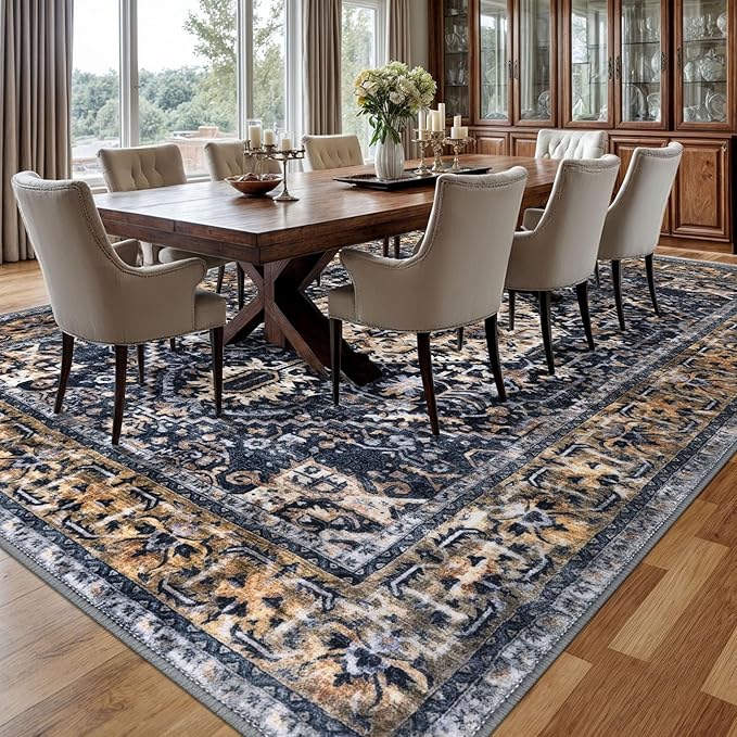 KOZYFLY Boho Area Rug 9x12 Ft Thin Rugs for Living Room Washable Bedroom Rug Non Slip Rugs for Living Room Gold/Orange/Navy Printed Faux Wool Vintage Bedroom Rug Floor Carpet