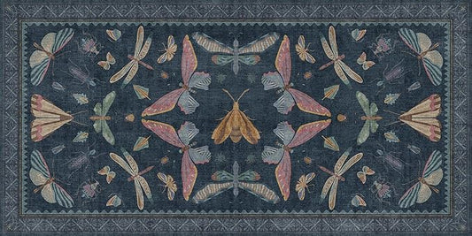 Dark Blue 2x4 Non Slip Bathroom Rug, Washable Vintage Boho Insect Carpet for Kitchen Floor, Entryway & Powder Room, Low Pile Indoor Aesthetic Rug