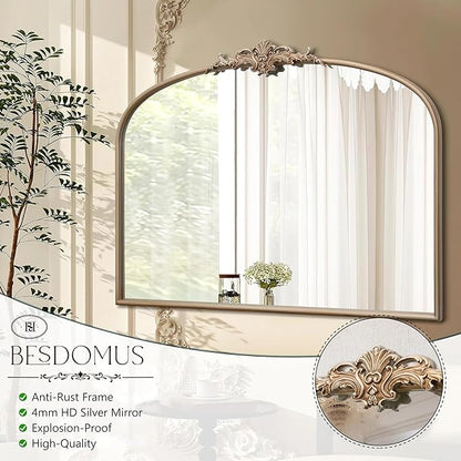 Besdomus Arched Vintage Gold Mirror: 40"x29" French Large Champagne Gold Antique Wall Vanity Mirror - Baroque Traditional Ornate for Fireplace/Bathroom/Living Room - Home Decor for Fashion-Conscious