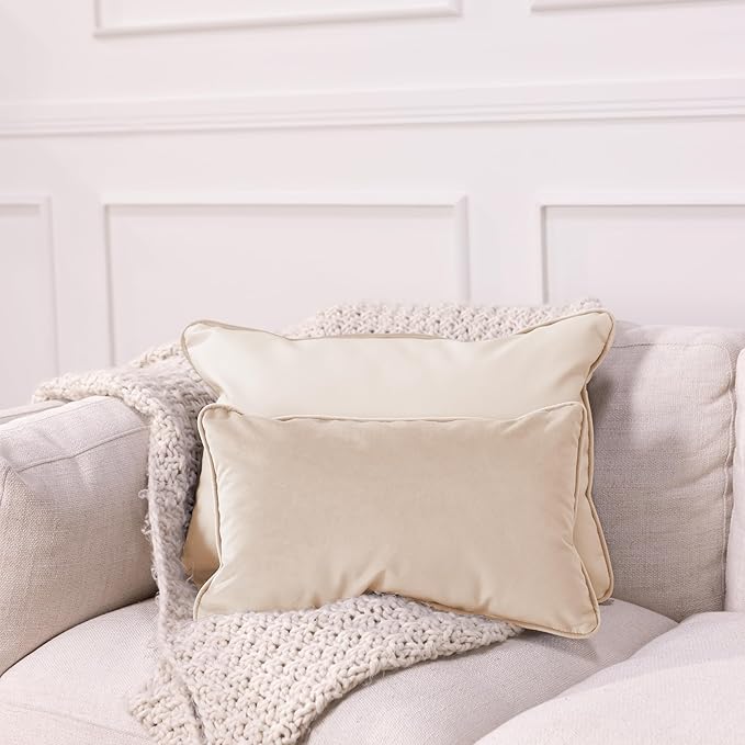 FDP 12" x 20" Velvet and Vinyl Rectangle Lumbar Pillow Set with Piping Decorative Throw Pillow for Home Dcor in Living Room, Bedroom or Lounge (2-Pack) - Beige, 15163-340