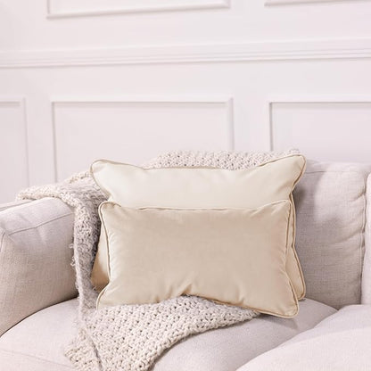 FDP 12" x 20" Velvet and Vinyl Rectangle Lumbar Pillow Set with Piping Decorative Throw Pillow for Home Dcor in Living Room, Bedroom or Lounge (2-Pack) - Beige, 15163-340