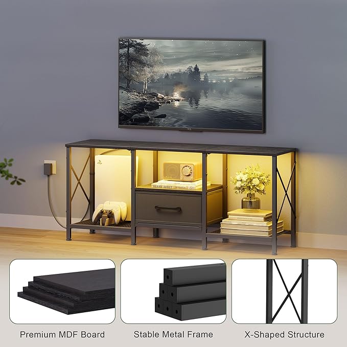 JARHETUN LED TV Stand with Fabric Drawer, Entertainment Center for 50 55 Inch TV, Industrial TV Console Table with Open Storage Shelves for Living Room, Bedroom, Black