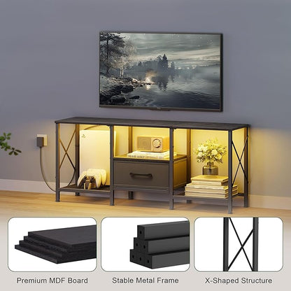 JARHETUN LED TV Stand with Fabric Drawer, Entertainment Center for 50 55 Inch TV, Industrial TV Console Table with Open Storage Shelves for Living Room, Bedroom, Black