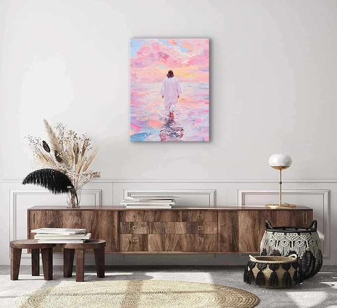 Jesus Canvas Wall Art Pink Jesus Walks on Water Canvas Paintings Prints Religious Savior Wall Decor Christian Bible Stories Poster printing Artwork for Living Room Bedroom Church Decoration 24x36in