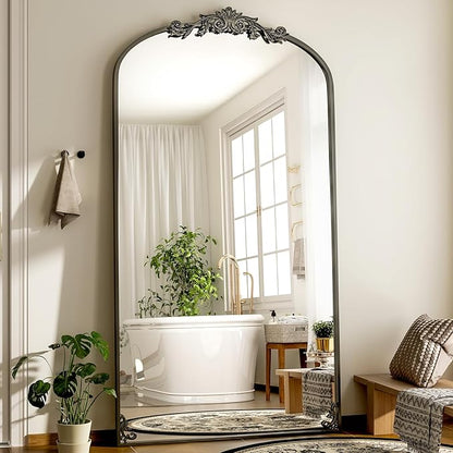GLSLAND Vintage Mirror - 72"x 44" Full Length Mirror Large Carved Arched with Metal Frame Baroque Full Body Mirrors for Bathroom/Living Room/Entryway,Black