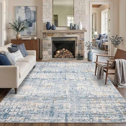 Rugxara 6x9 Washable Area Rug for Living Room, Modern Abstract Large Boho Rugs for Office, Dining Room, Kids Room, Farmhouse, Durable Low Pile Non Slip Carpet for High Traffic Areas, Blue Beige