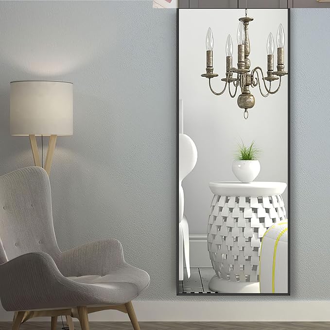NeuType Full Length Mirror, 64"x22" With Stand Wall Mounted or Floor Standing, Large Dressing Mirror for Hanging or Leaning Against Wall, Aluminum Alloy Thin Frame (Black)