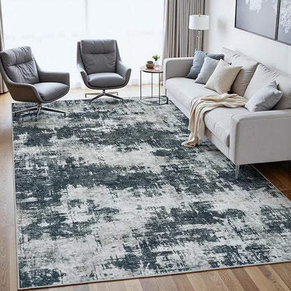 Area Rug 9x12 Living Room Rug Washable: No-Slip Abstract Soft Thin Large Black Rugs, Indoor Floor Stain Resistant Modern Carpet for Bedroom Dining Room Farmhouse Nursery Home Office (Black, 9'x12')