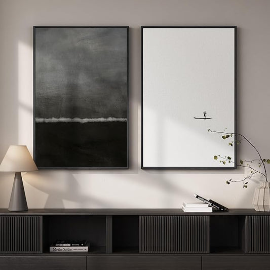 Framed Black and White Abstract Wall Art for Living Room, Large Set of 2 Minimalist Modern Canvas Prints for Walls, Seascape Horizon Pictures for Bedroom Dining Room Hallway Office Wall Decor 24x36 In