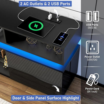chartustriable LED TV Stand for 75 Inch TV, Modern Tall Entertainment Center with Power Outlets, High Gloss TV Stand, Gaming TV Media Console with Glass Shelf for Living Room, 63 Inch, Black