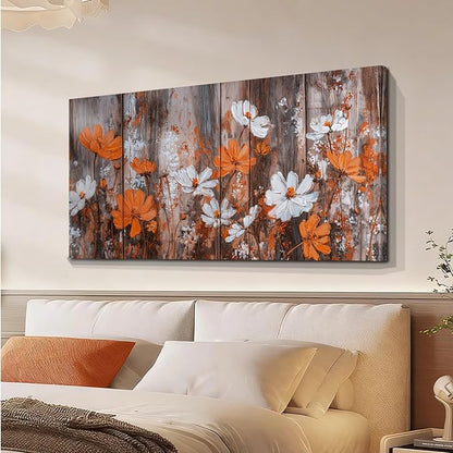 BQVCT Rustic Floral Wall Art 24x48 Inch Large Gallery Wrapped Canvas Print Orange & White Flowers on Wood Background Ready to Hang for Living Room Bedroom Office