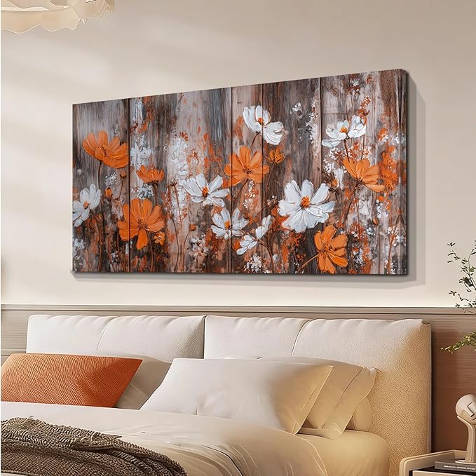 BQVCT Rustic Floral Wall Art 30x58 Inch Large Gallery Wrapped Canvas Print Orange & White Flowers on Wood Background Ready to Hang for Living Room Bedroom Office