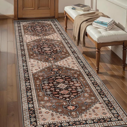 Tangsoo 2.6x10 Runner Rug for Hallways,Washable Non Slip Vintage Kitchen Runner Rug,Boho Red Blue Soft Print Distressed Low Pile Long Floor Carpet for Bedroom Bathroom Laundry Room