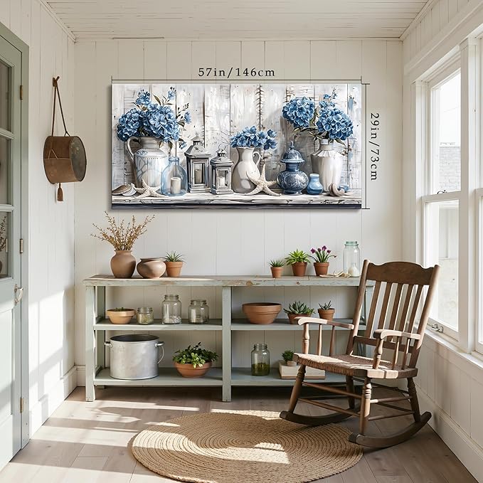 SERIMINO Extra Large Wall Art, Flower Wall Art, Nautical Wall Decor, Rustic Still Life Painting Prints, Blue Floral Starfish Pictures for Living Room Dining Room Modern Farmhouse Beach House 29"x57"