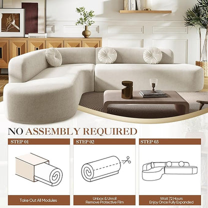 Deep Seat Curved Sectional Sofa - Cloud Round Couch with Elegant Curved Design & 3 Round Cushions, L-Shaped Comfy 4 Seater Floor Sofa, No Assembly Required (Beige)