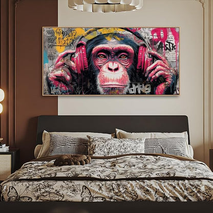 Sorbrozo DJ Gorilla Street Wall Art Print - Colorful Graffiti Canvas Painting with Headphones Music Theme Wall Decor for Boys Room Home and Office 24X48in