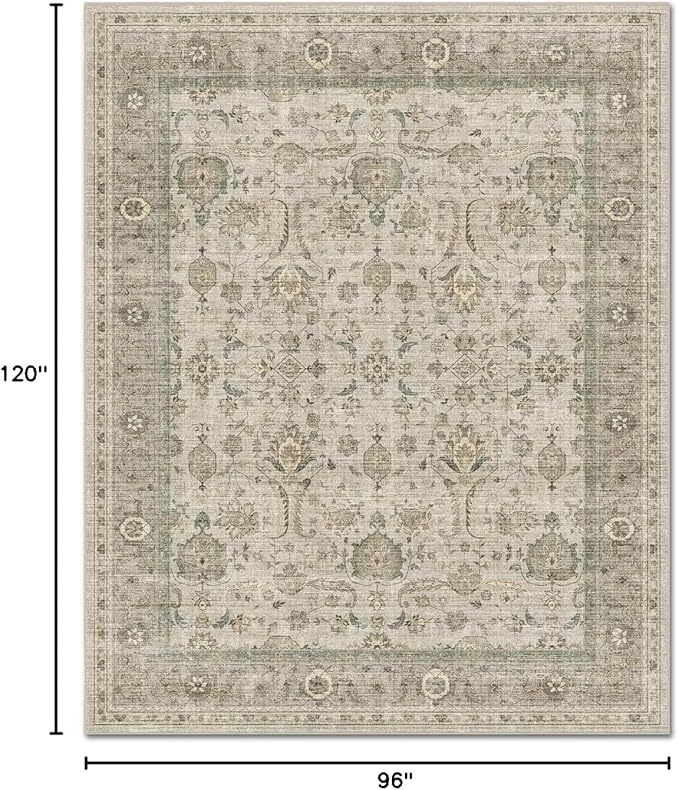 Washable 8x10 Area Rugs for Living Room, Boho Non-Slip Vintage Distress Large Rugs for Bedroom Dining Room Nursery Office, 0.3" Neutral Oriental Throw Thin Carpet, Flaxen/Multi, B2