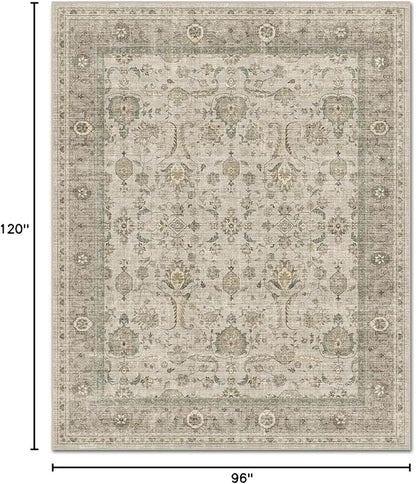 Washable 8x10 Area Rugs for Living Room, Boho Non-Slip Vintage Distress Large Rugs for Bedroom Dining Room Nursery Office, 0.3" Neutral Oriental Throw Thin Carpet, Flaxen/Multi, B2