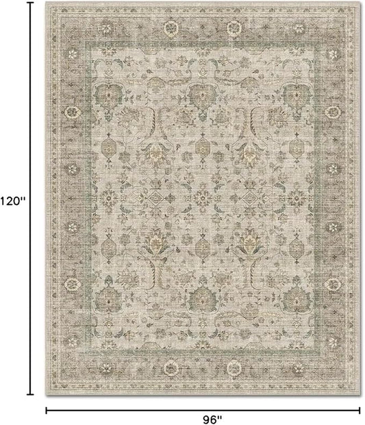 Washable 8x10 Area Rugs for Living Room, Boho Non-Slip Vintage Distress Large Rugs for Bedroom Dining Room Nursery Office, 0.3" Neutral Oriental Throw Thin Carpet, Flaxen/Multi, B2